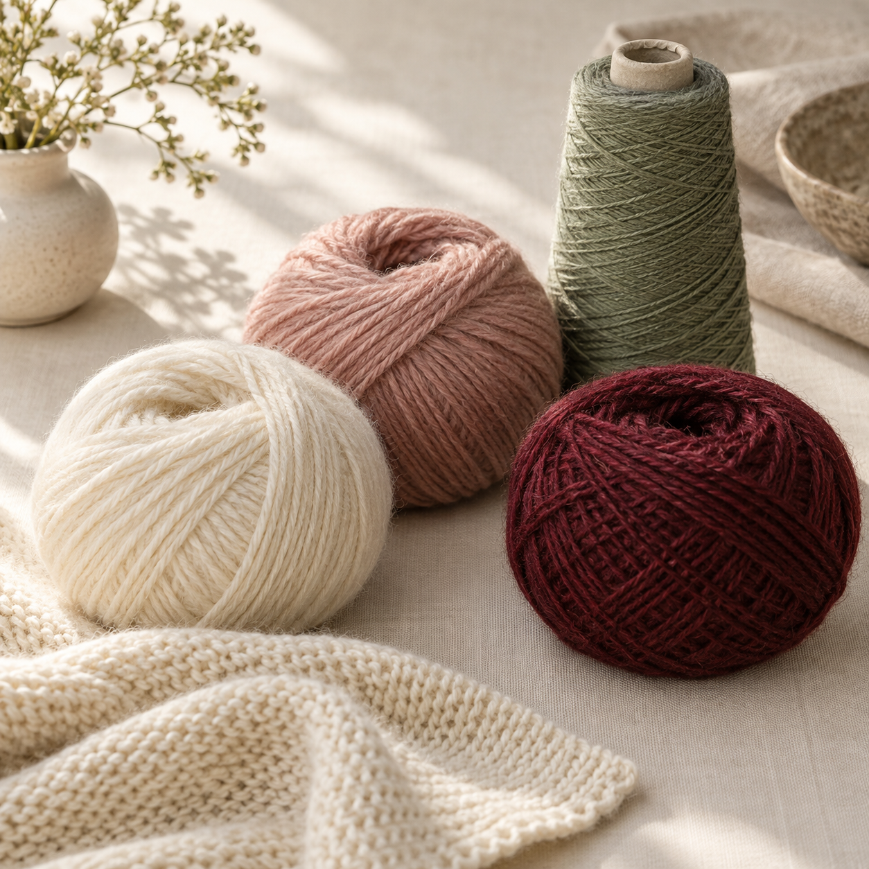Garnknäuel in Creme, Rosé und Bordeaux neben einer salbeigrünen Kone und einer Strickprobe.